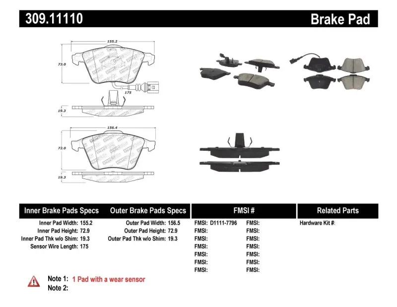 StopTech Performance Front Brake Pads 08-13 Audi TT Quattro 12 VW Golf R Enhanced Stopping Power