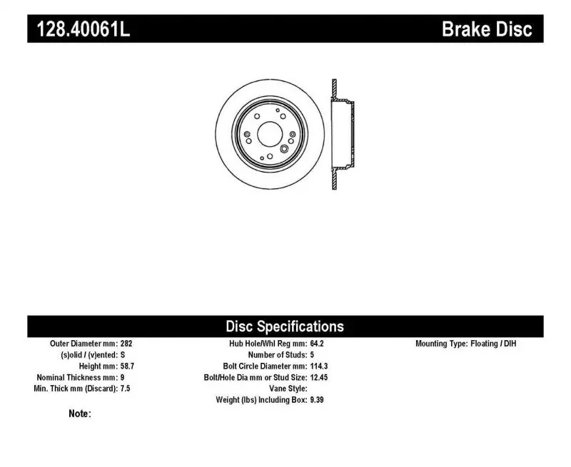 StopTech Drilled Left Rear Rotor 04-08 Acura TL/TL-S Standard/Brembo Brake System