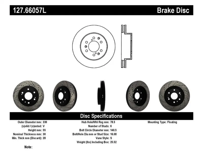 StopTech Slotted Drilled Front Left Rotor 05-10 GMC Sierra 1500 07-09 Yukon Rear Drum