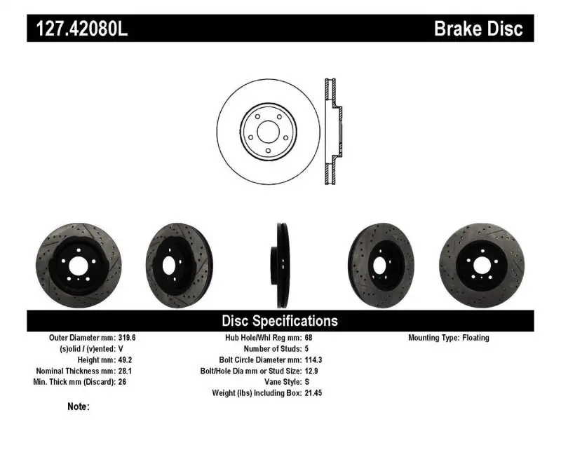 StopTech SportStop Slotted Drilled Front Left Rotor 06-07 Nissan 350Z 05-07 Infiniti G35 06-07 G35X