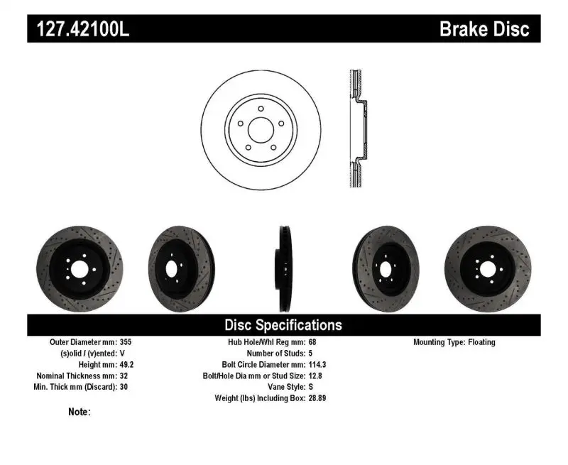 StopTech SportStop Slotted Drilled Front Left Rotor Infiniti G37 Nissan 370Z