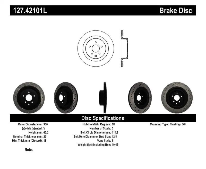 StopTech SportStop Slotted Drilled Rear Left Rotor Infiniti G37 Nissan 370Z