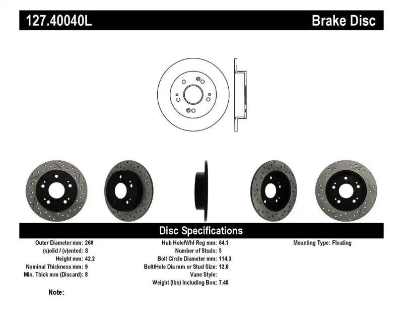 StopTech Slotted & Drilled Left Rear Brake Rotor 06-09 Honda Civic Ex/Si