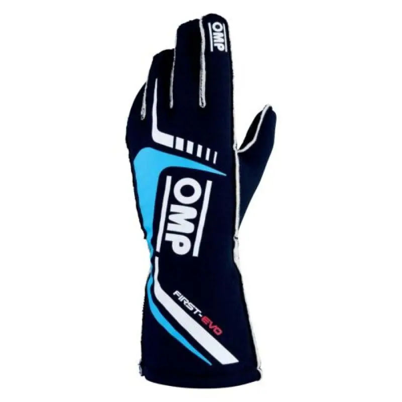 OMP First Evo Gloves Blue Navy Ciano Size S FIA 8856-2018 - Comfortable Racing Gloves