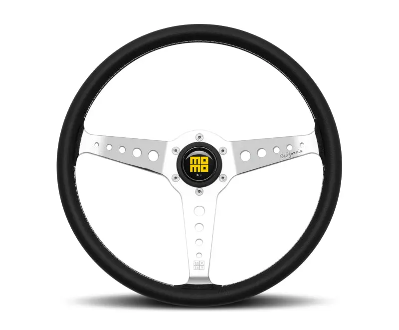 Momo California 360mm Steering Wheel Black Leather White Stitch and Polished Spokes