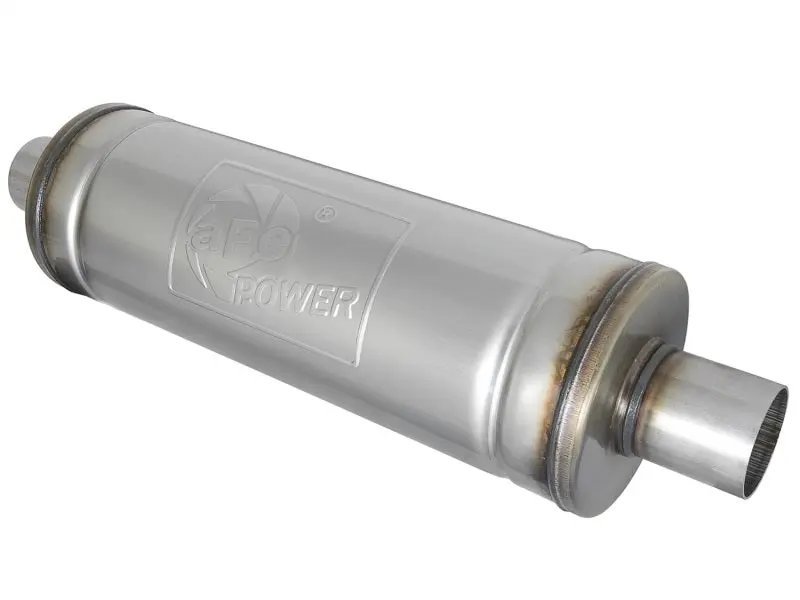 aFe MACH Force-Xp 409 Stainless Steel Muffler 2.5in Center Center 18in Length 6in Diameter Round Body