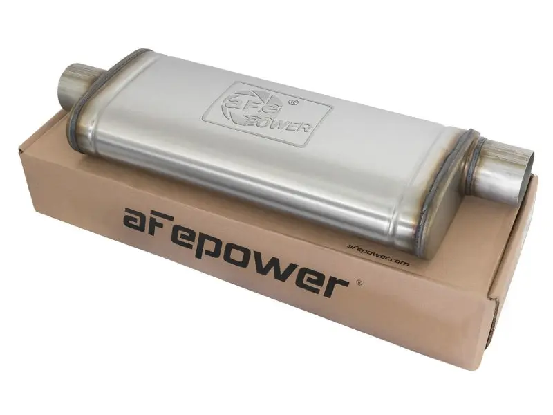 aFe MACHForce XP Stainless Steel Muffler 3in Center Inlet Offset Outlet 22x9x4in Performance Exhaust