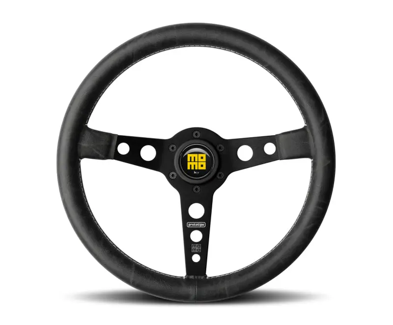 Momo Prototip Heritage Steering Wheel 350mm Black Leather White Stitch Black Spokes