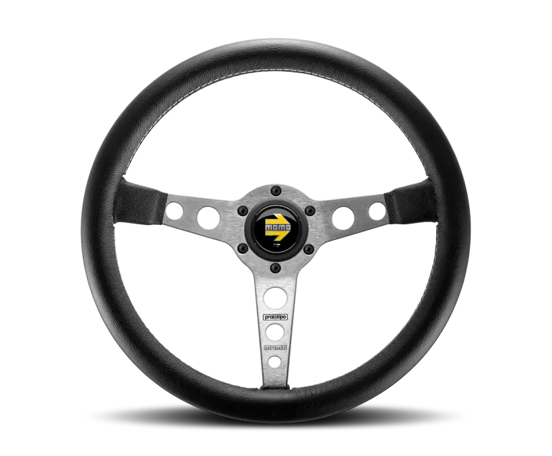 Momo Prototipo Steering Wheel 350mm Black Leather White Stitch Brushed Spokes