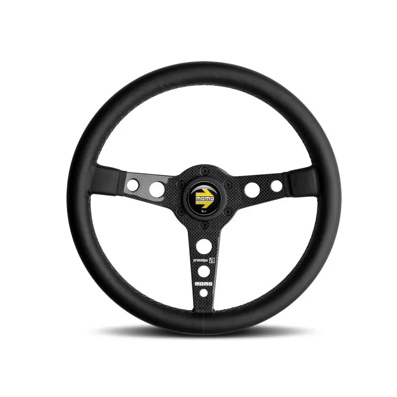 Momo Prototipo 6C Steering Wheel 350mm Black Leather Gray Stitch Carbon Fiber Spokes