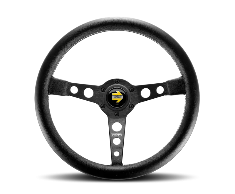 Momo Prototipo Steering Wheel 350mm Black Leather White Stitch Black Spokes