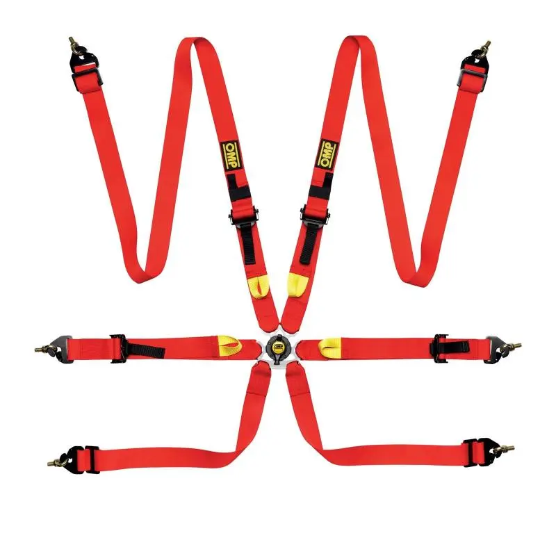 OMP Safety Harness First 2In Red FIA 8853-2016 Pull Up Steel Adjustable