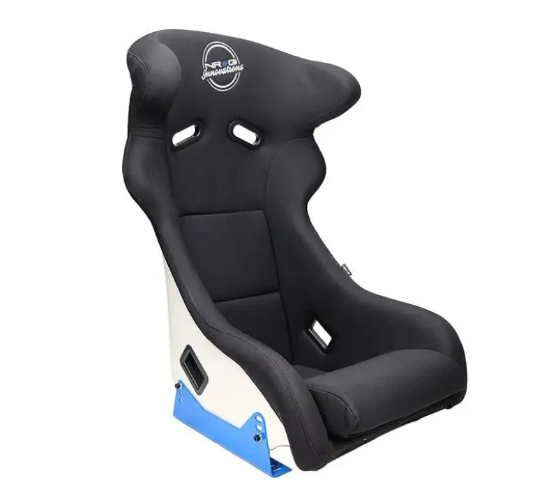 NRG FRP White Bucket Seat Arrow Embroidery and Blue Side Mount Brackets