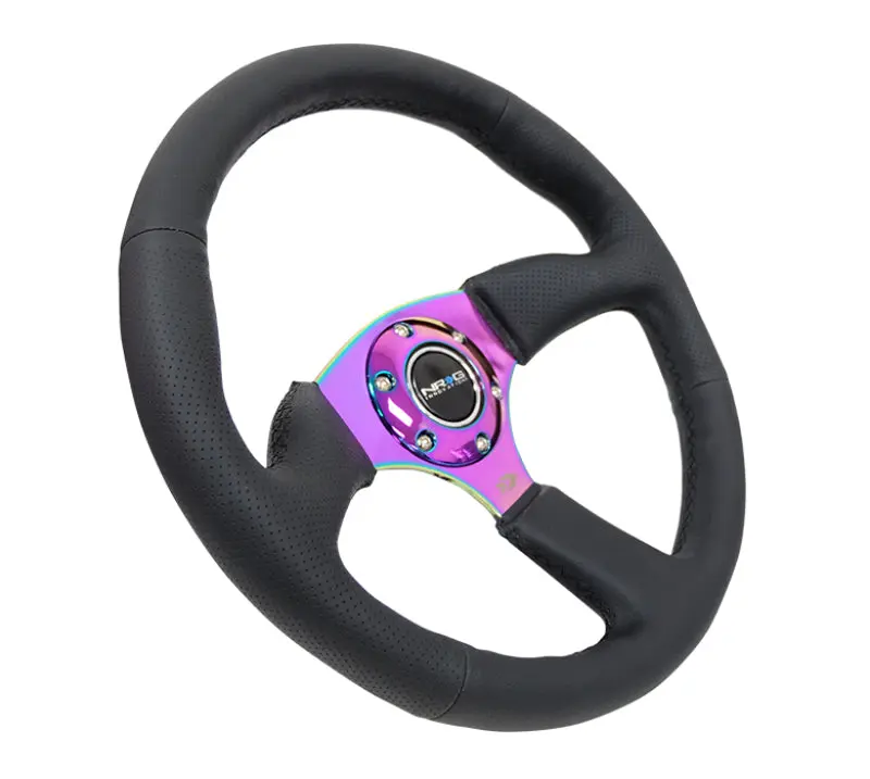 NRG Reinforced Leather Race Steering Wheel 350mm 2.5in Deep 4mm Neochrome Spokes
