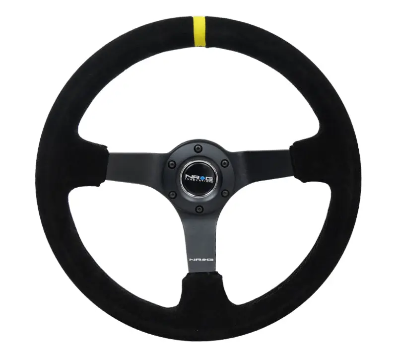 NRG Reinforced Suede Racing Steering Wheel 350mm 3in Deep Black Yellow Stitching