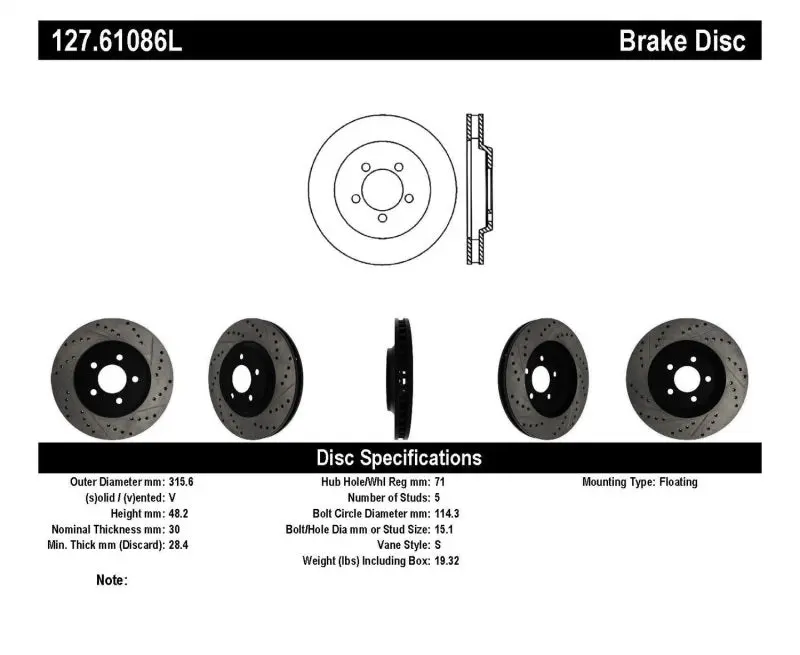 StopTech 05-10 Ford Mustang GT Front Left Slotted Drilled Brake Rotor Performance Upgrade