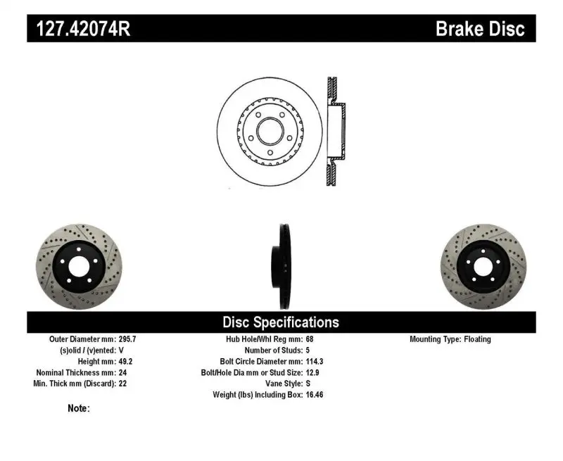 StopTech Slotted Drilled Right Front Rotor 02-05 Infiniti G35 02-05 Nissan 350Z