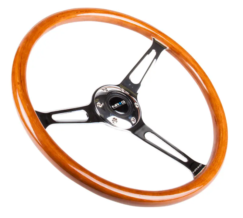 NRG Reinforced Steering Wheel 360mm Classic Wood Grain Chrome Cutout 3-Spoke Center