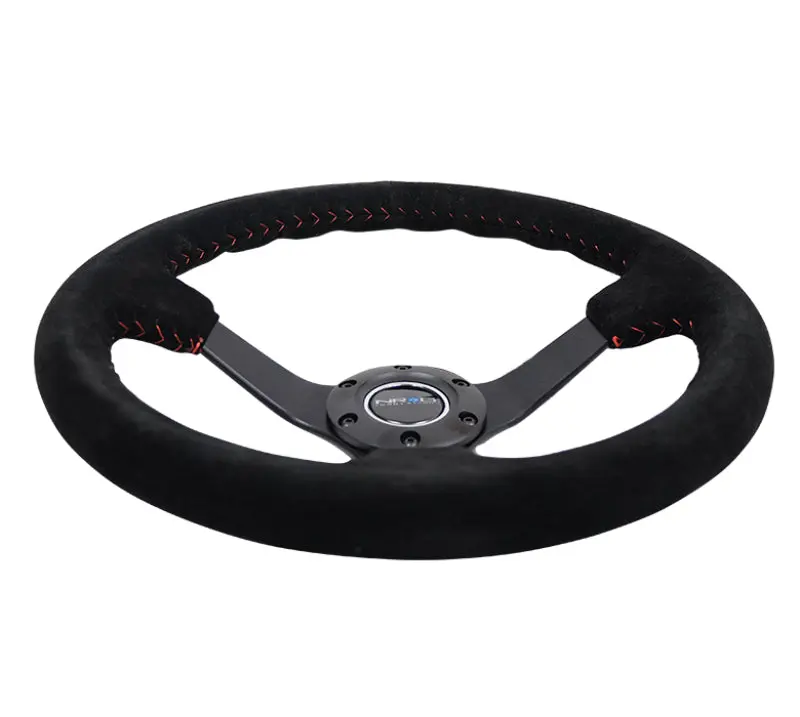 NRG 350mm Black Suede Steering Wheel Red Basketball Stitch and Matte Black Spokes