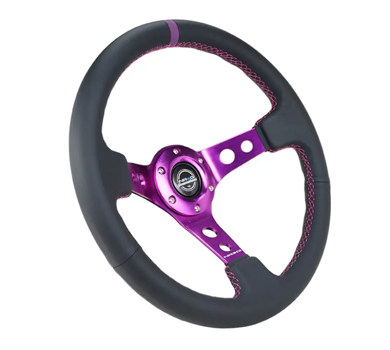 NRG Reinforced Steering Wheel 350mm 3in Deep Black Leather Purple Center Purple Stitching