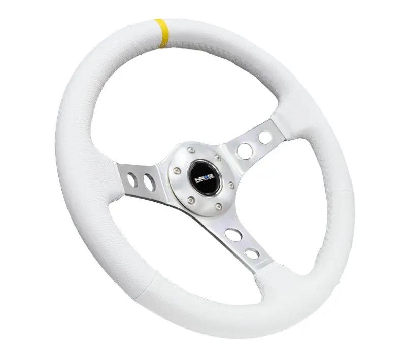NRG Reinforced Steering Wheel 350mm 3in Deep White Leather Silver Spoke