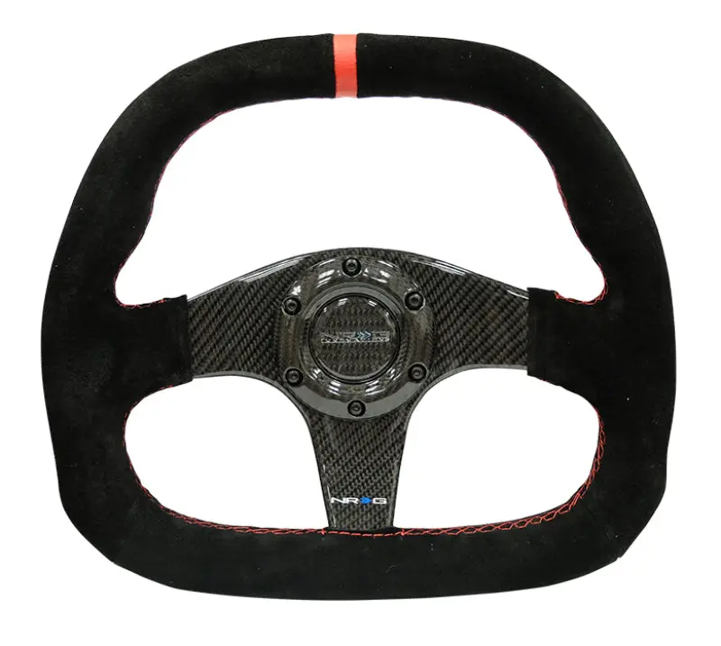 NRG Carbon Fiber Steering Wheel 320mm Flat Bottom Black Suede Red Stitch CF Spokes Red Center Mark