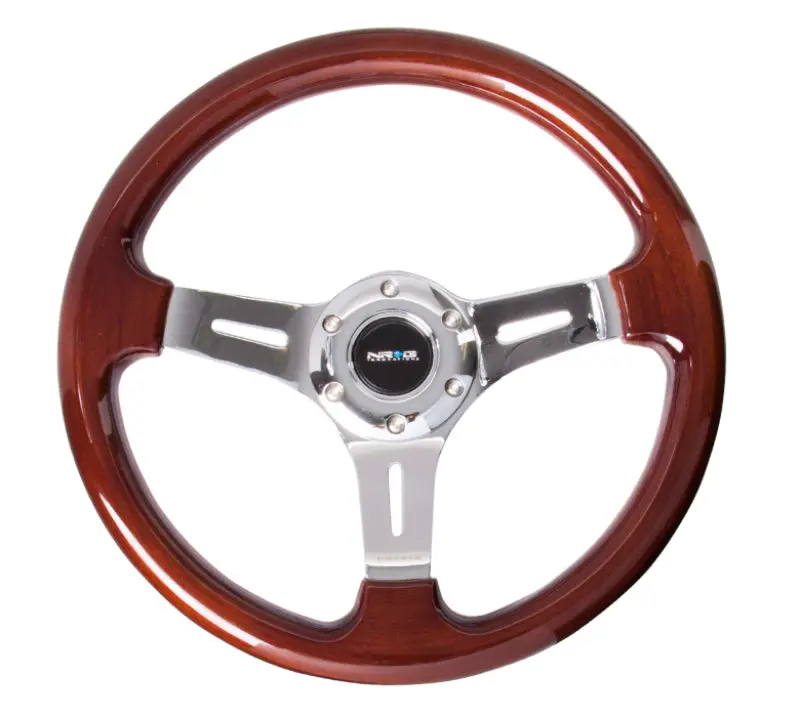 NRG Classic Wood Grain Steering Wheel 330mm Wood Grain Chrome 3-Spoke Center Vintage Style