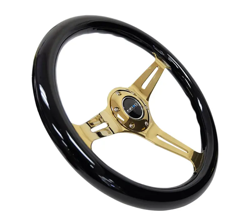 NRG Classic Wood Grain Steering Wheel 350mm Black Grip Chrome Gold 3-Spoke Center Vintage Design