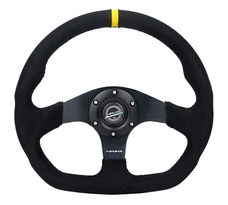 NRG Reinforced Steering Wheel 320mm Sport Alcantara Dual Push Buttons Flat Bottom Yellow Center
