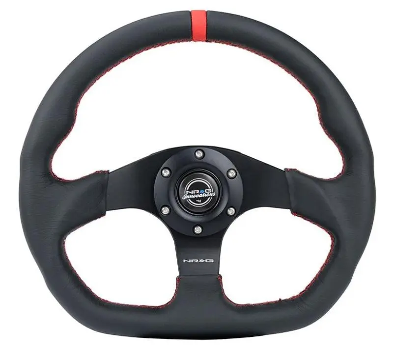 NRG Reinforced Steering Wheel 320mm Sport Leather Flat Bottom Red Center Mark