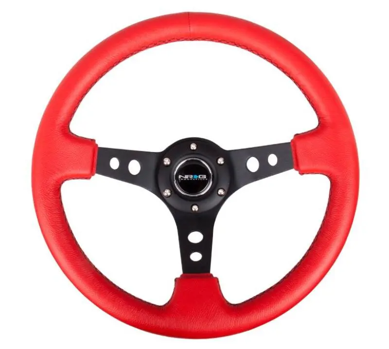 NRG Reinforced Steering Wheel 350mm 3in Deep Red Leather Black Stitch Black Spokes Hole Cutouts