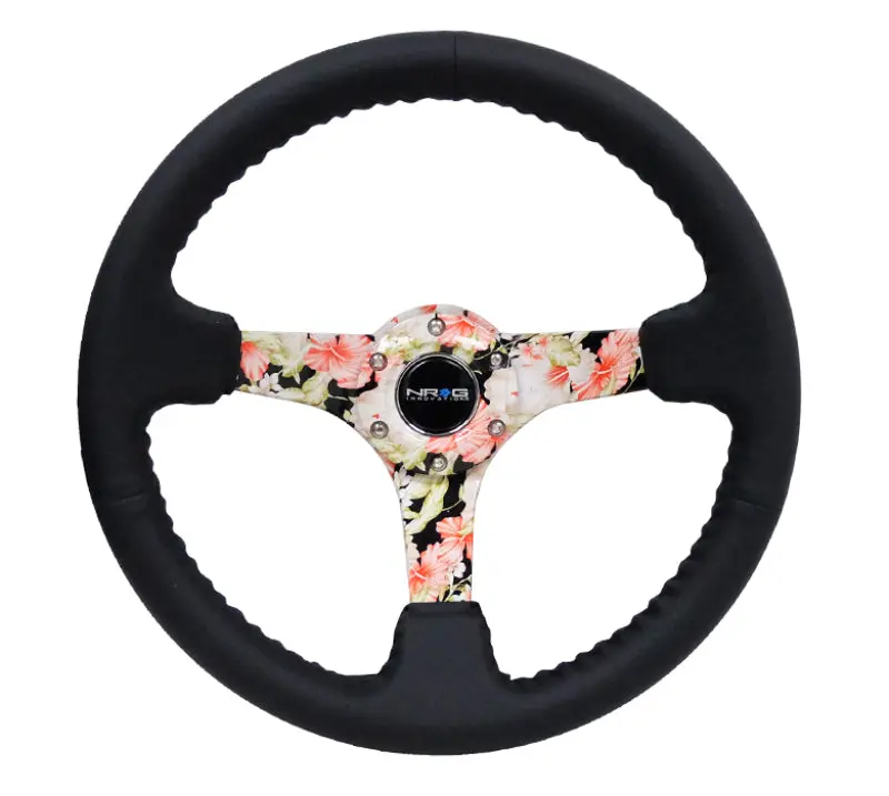 NRG Reinforced Steering Wheel 350mm Black Leather Floral Dipped Black Baseball Stitch