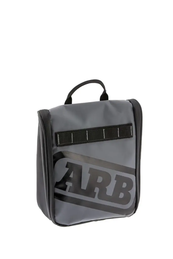 ARB Toiletries Bag Charcoal Finish Red Highlights PVC Outer Shell Mesh Pockets Mirror
